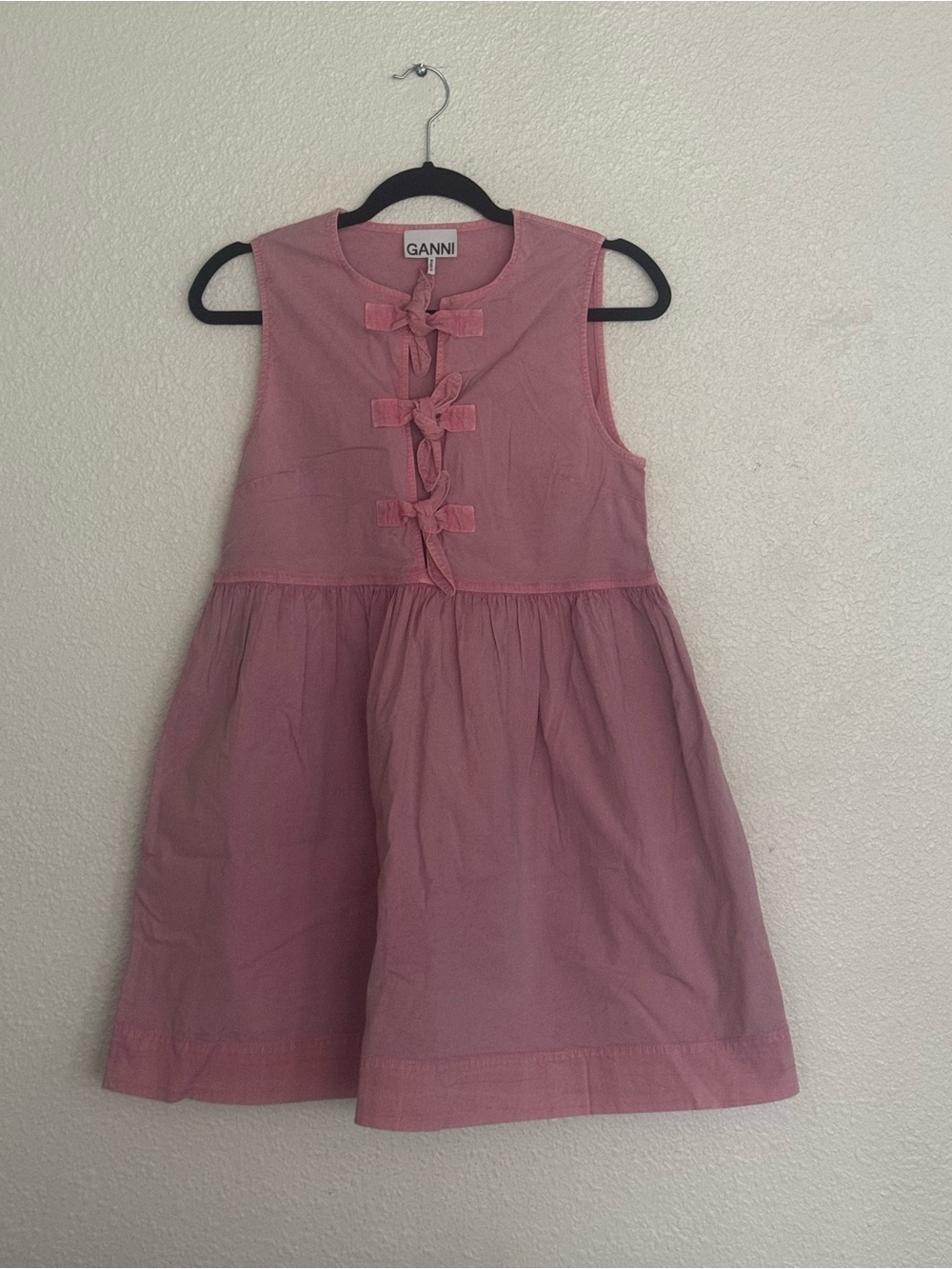 Ganni Dusty Pink Bow-Front Cotton Dress